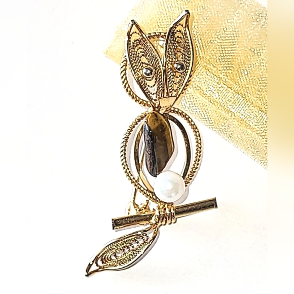 TIGER'S EYE FILIGREE OWL BROOCH with GENUINE PEARL - BONUS EARRINGS - Picture 2 of 8